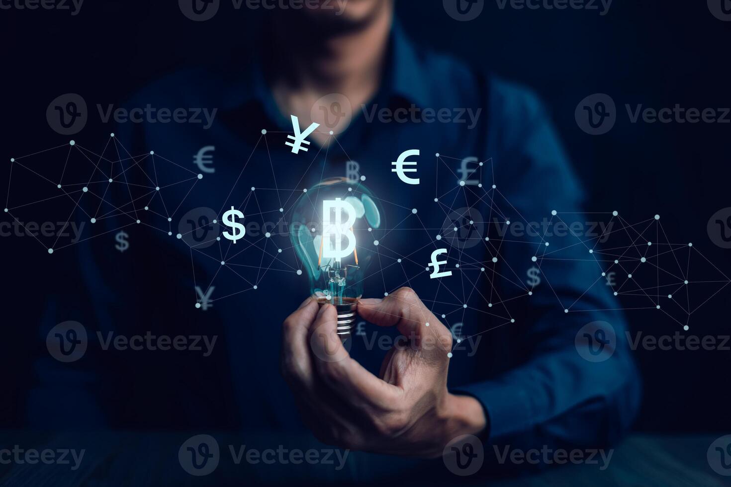 Businessman hand hold bitcoin and icon of business network on White background. bitcoin cryptocurrency ideas concept and virtual financial chart diagram, Digital symbol of a new virtual currency photo