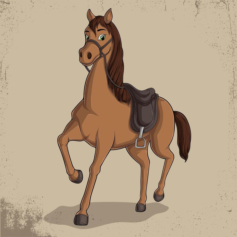 Hand-drawn Comic Drawing of a Brown Horse with a Saddle vector