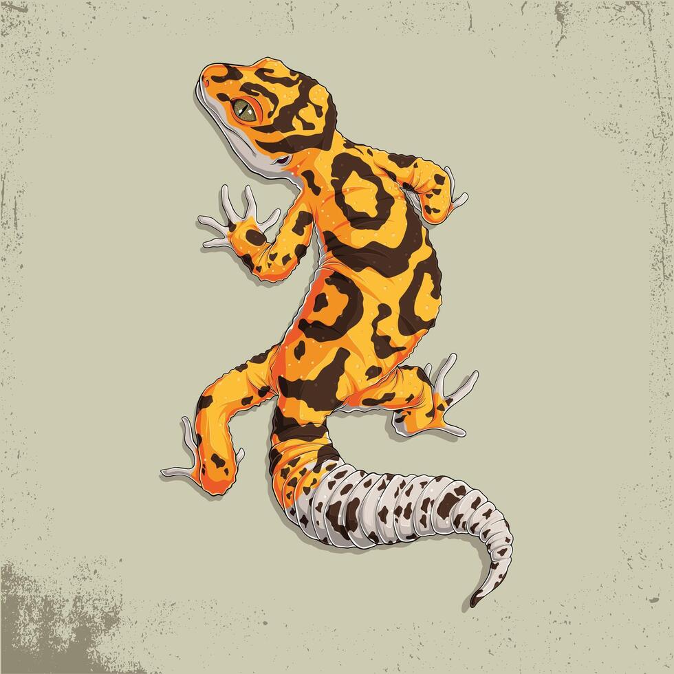 Hand-Drawn Illustration of a Leopard Gecko with Black and Orange Facial Spots Crawling on a Wall vector