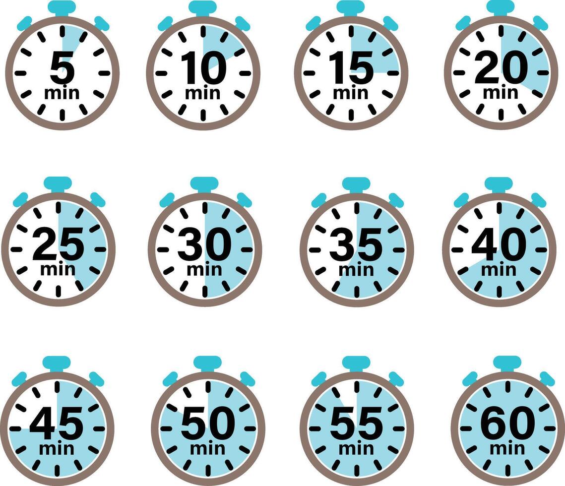 5, 10, 15, 20, 25, 30, 35, 40, 45, 50, 55, 60 min, Timer, clock, stopwatch set icons. Countdown timer symbol. Cooking time. Minute timer icon. flat style. vector