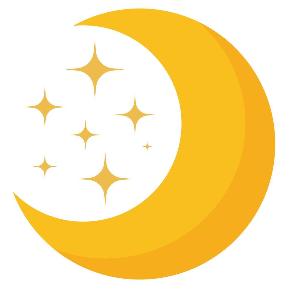 Flat icon of crescent moon and glitter isolated on white background. vector