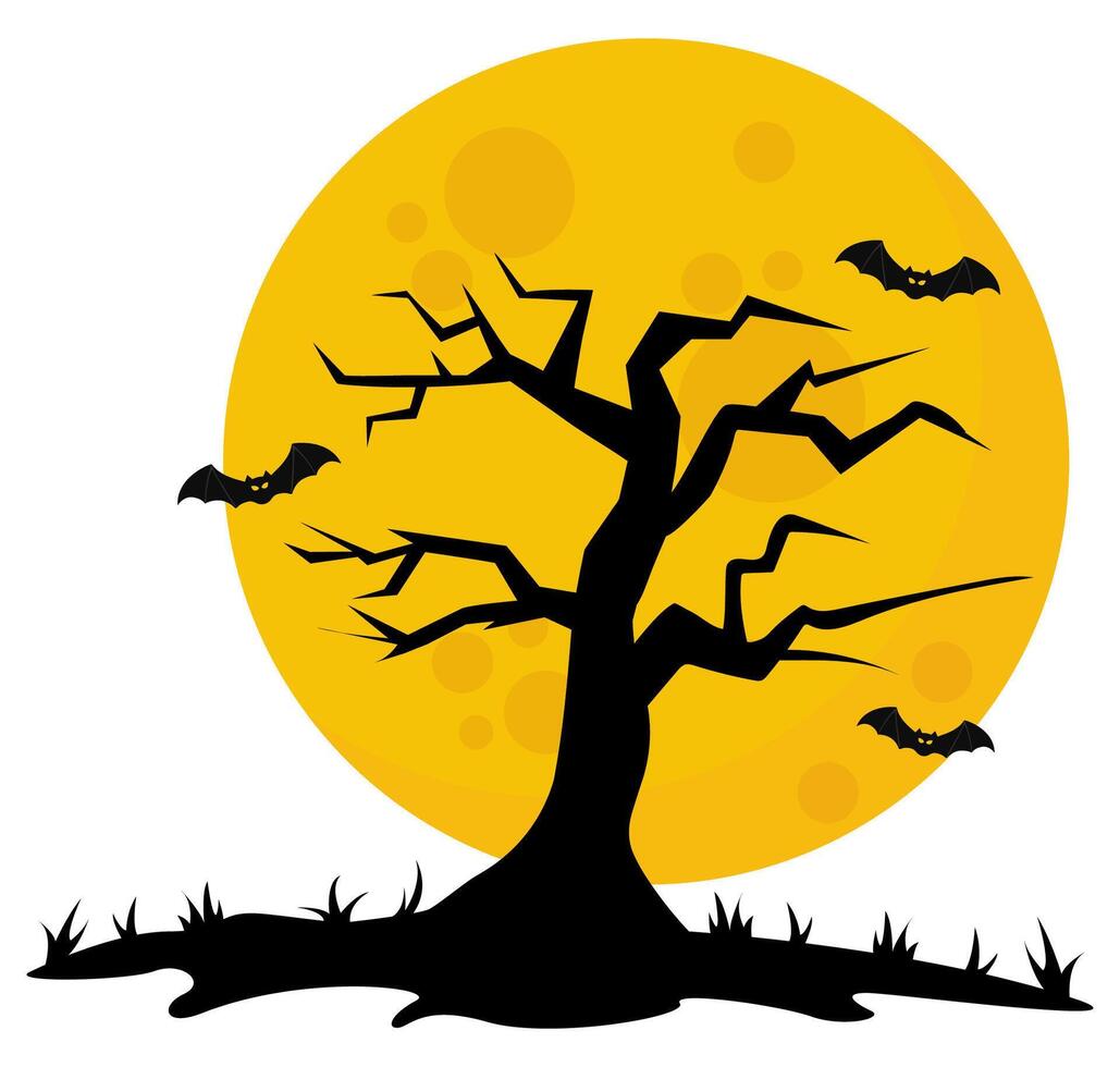 Halloween tree silhouette flat illustration on white background isolated on white background. vector