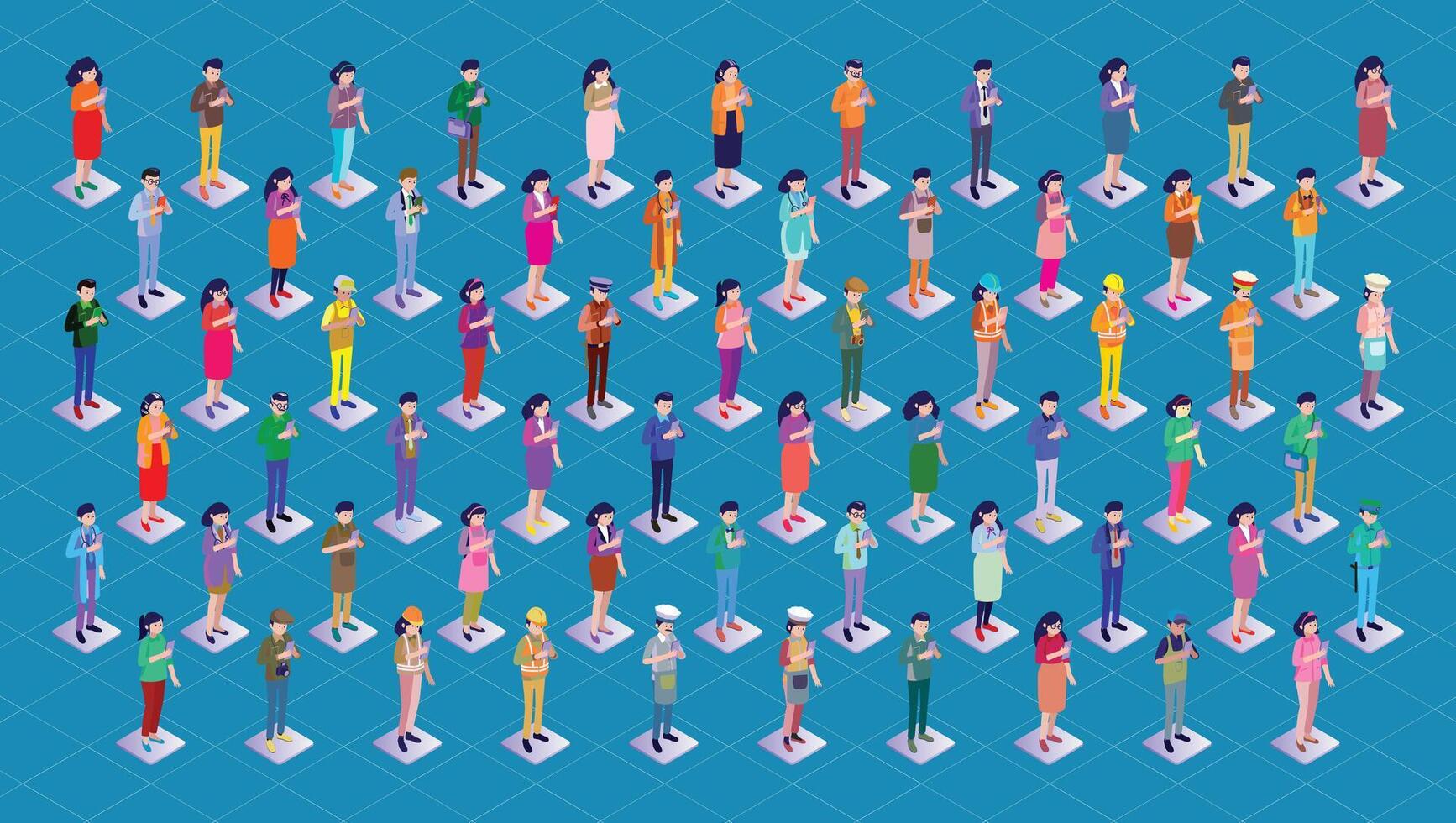 A group of people standing in front of a blue background vector
