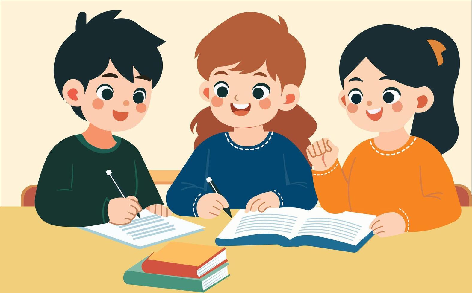 flat illustration little kid study together with friends. vector