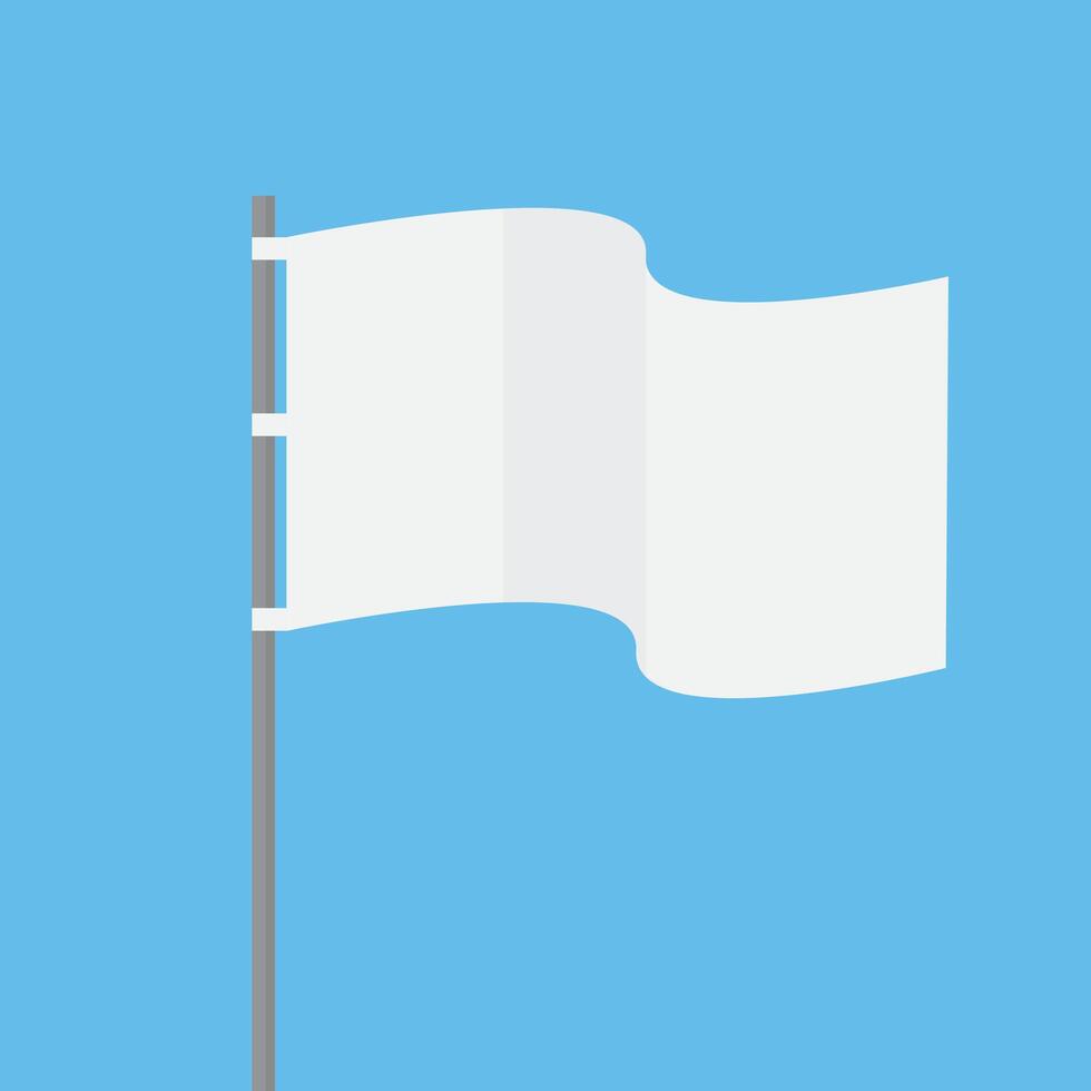 White flag waving in the wind illustration. Flattering textile banner on pole against sky on blue background vector
