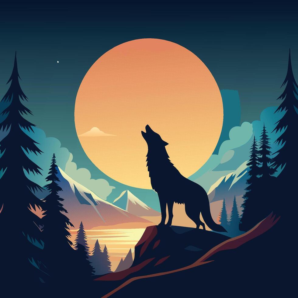 Wolf Howling Under a Full Moon in Mountain Landscape Illustration vector