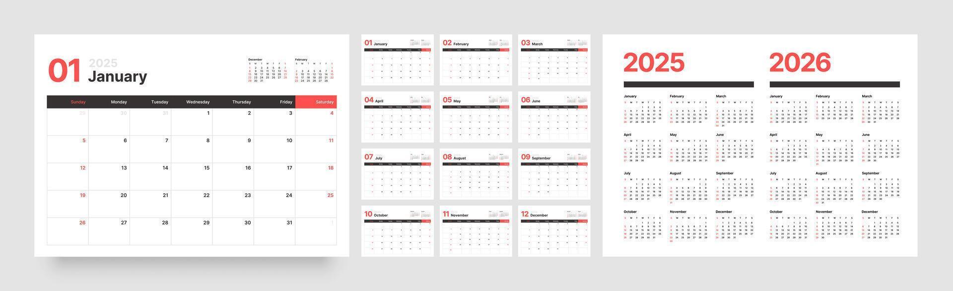 Calendar template for 2025 year. Wall or desk calendar in a minimalist style. Diary planner for 2025 year. Week Starts on Sunday. vector