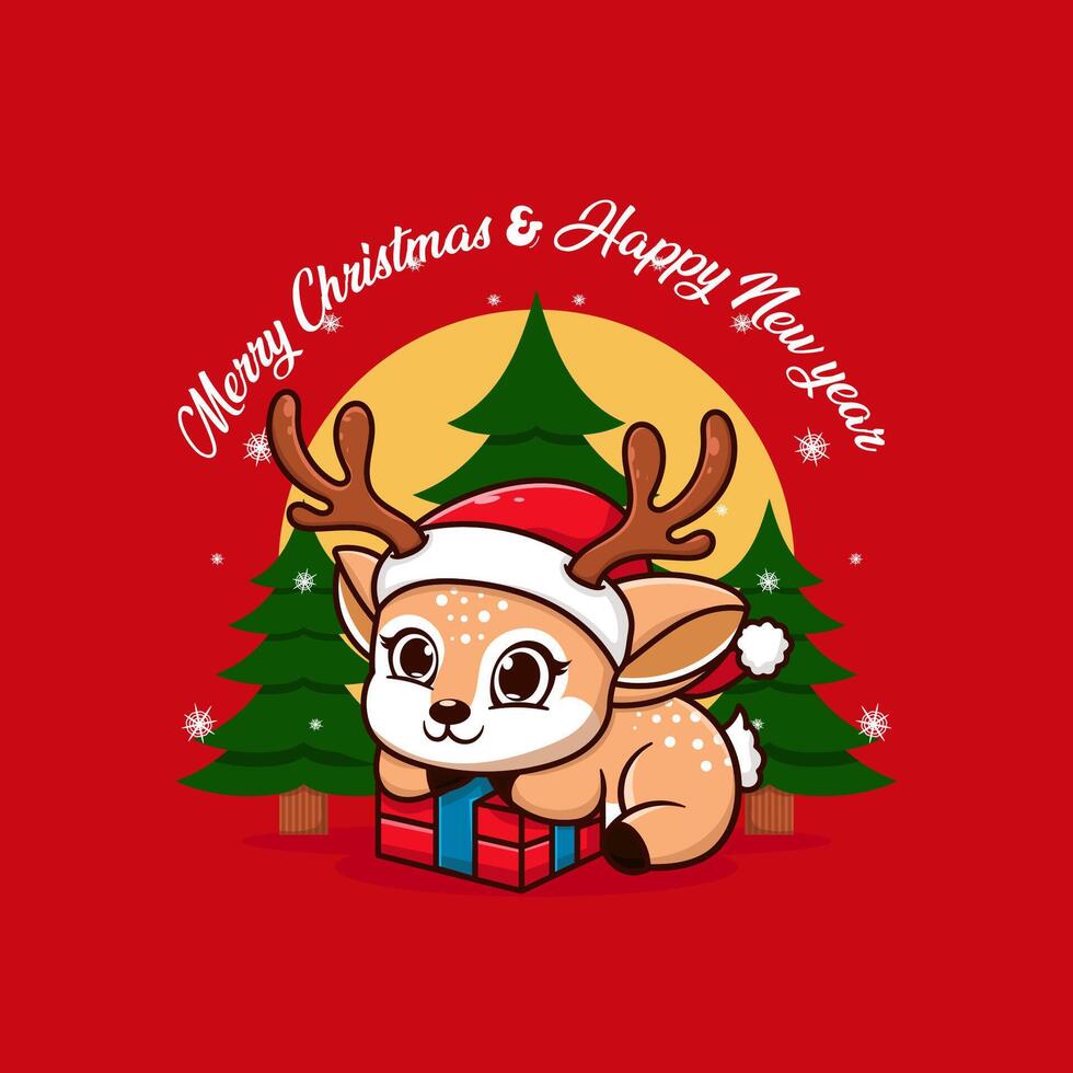 Christmas and New Year greeting card with adorable fawn vector