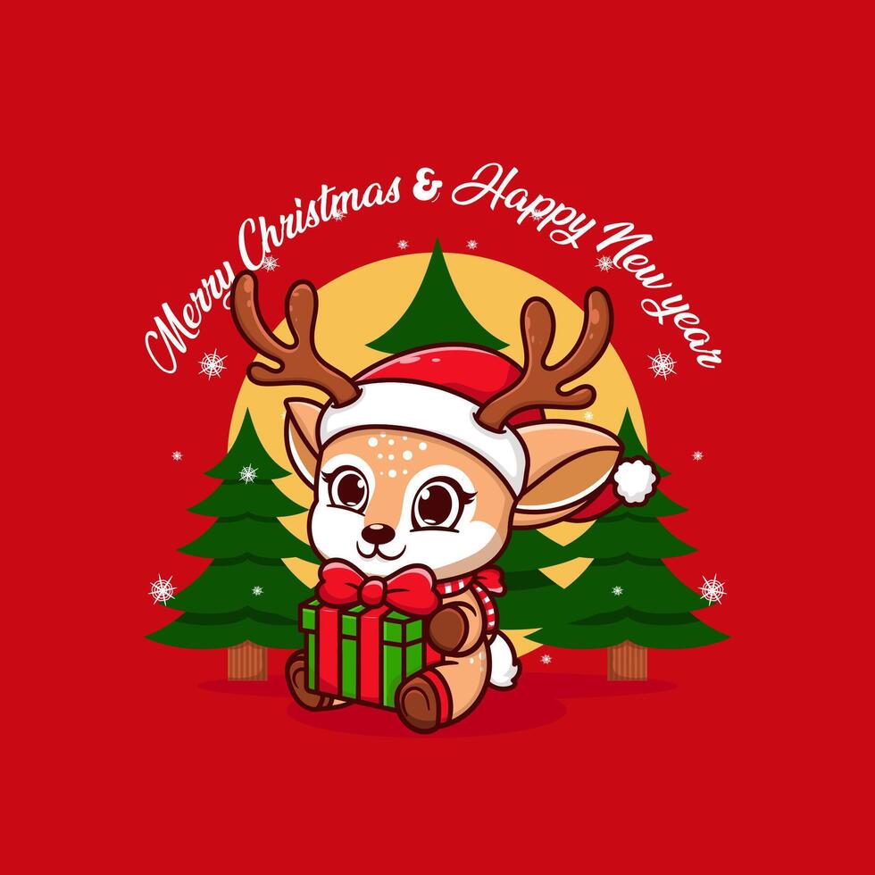 Adorable fawn holding a merry christmas gift box vector