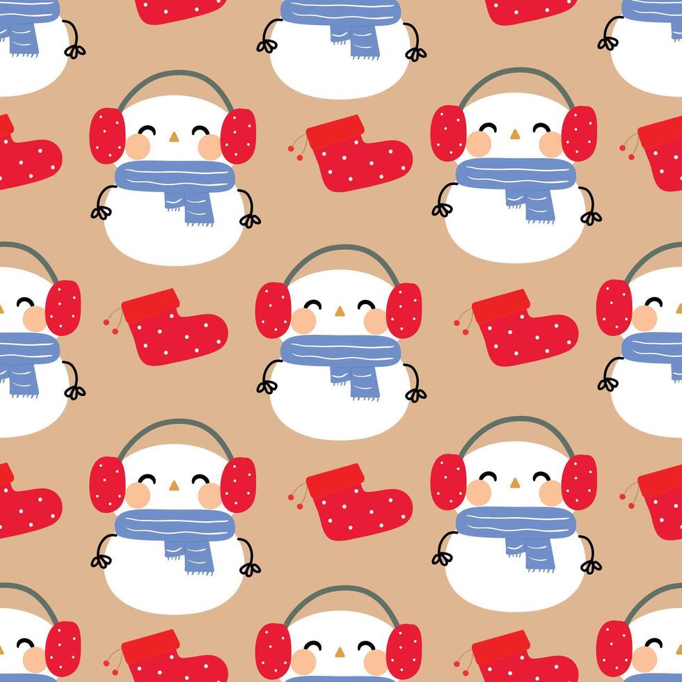 Seamless pattern cartoon snowman and sock with present in christmas day. cute christmas wallpaper for fabric print, gift wrap paper vector