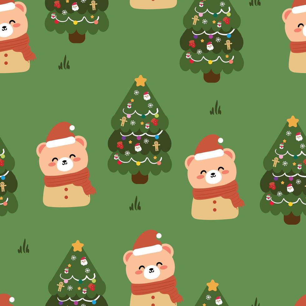 Seamless pattern of winter cartoon bears and cute christmas trees and festive Christmas wallpaper for textile gift wrapping paper vector