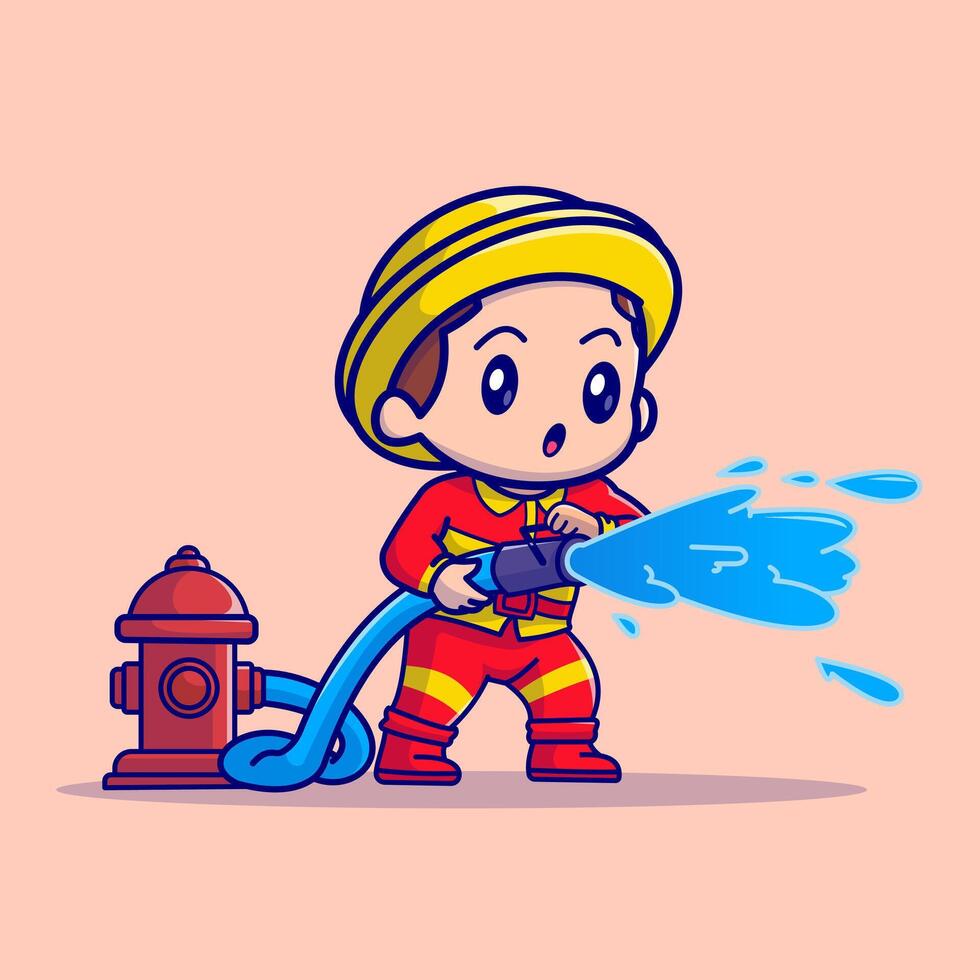 Cute Boy Firefighter with Water Hose Cartoon vector