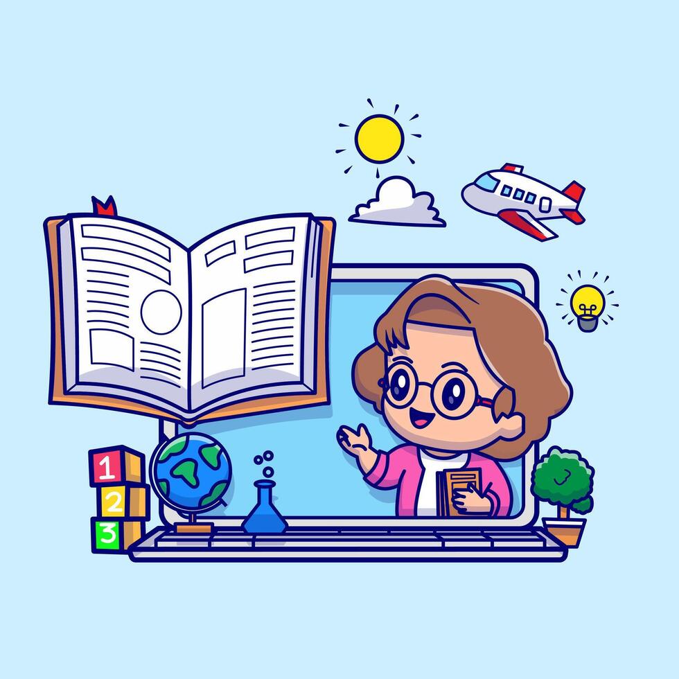Cute Woman Teacher Online Education Cartoon vector