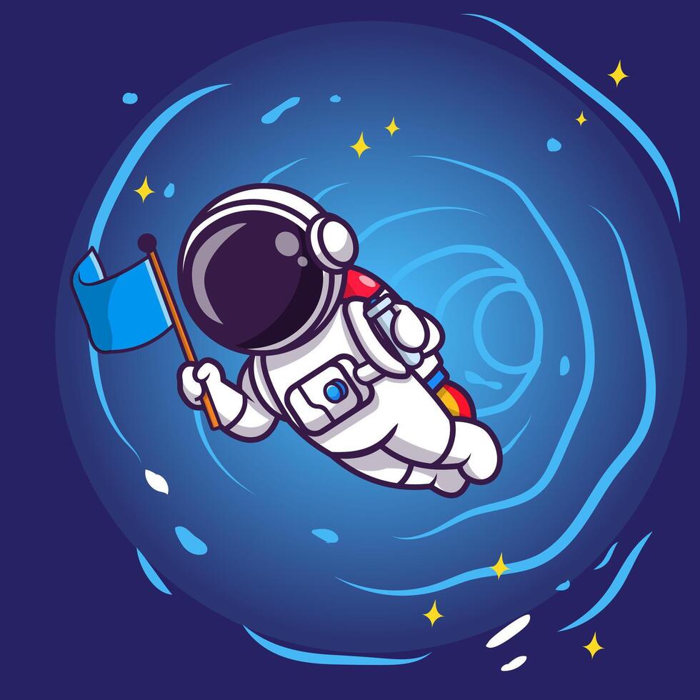 Cute Astronaut Flying With Rocket And Holding Flag Cartoon vector