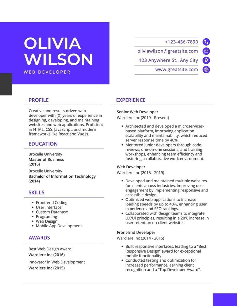 Purple White Minimalist Web Developer Resume template
