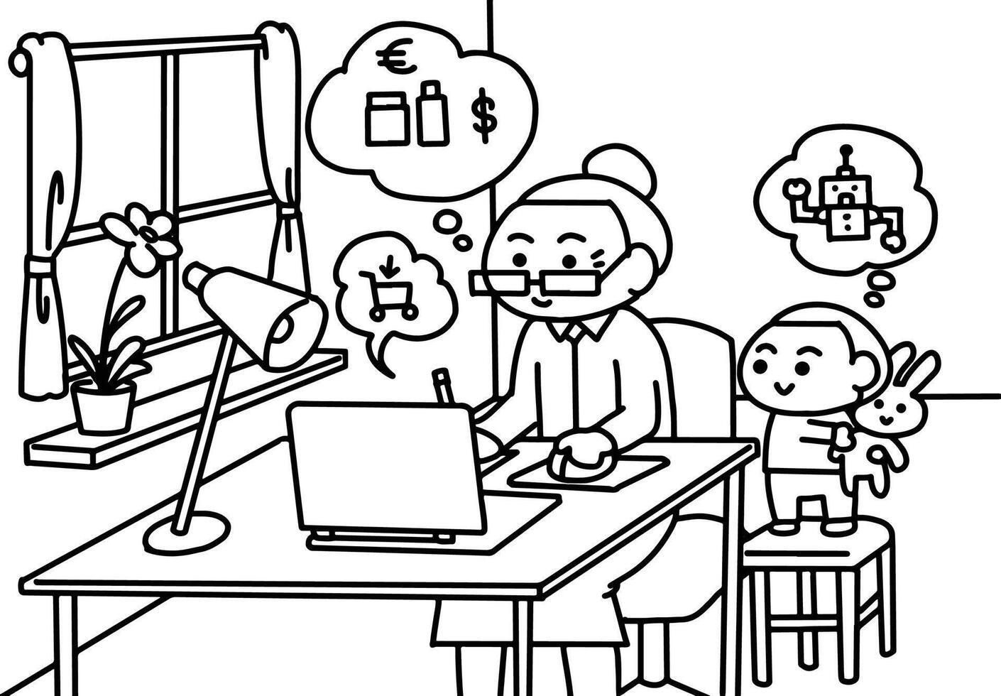 Elder shopping online coloring pages style. vector