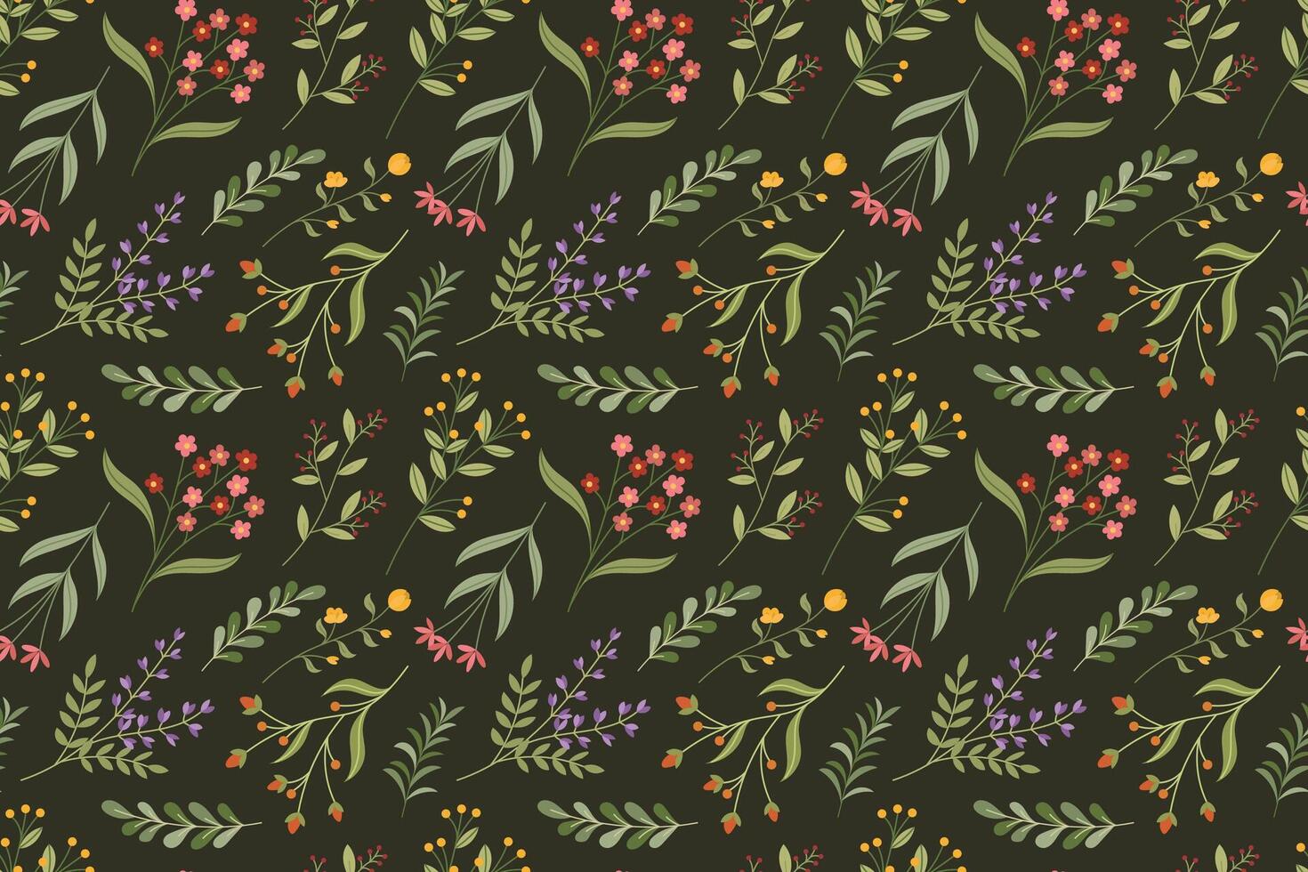 A pattern with flowers and leaves on a dark background vector