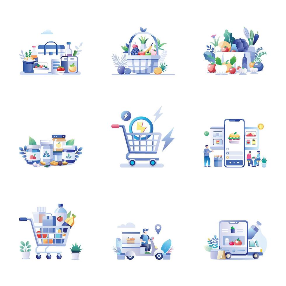 Pack of Flat Style Food Shopping Illustrations vector