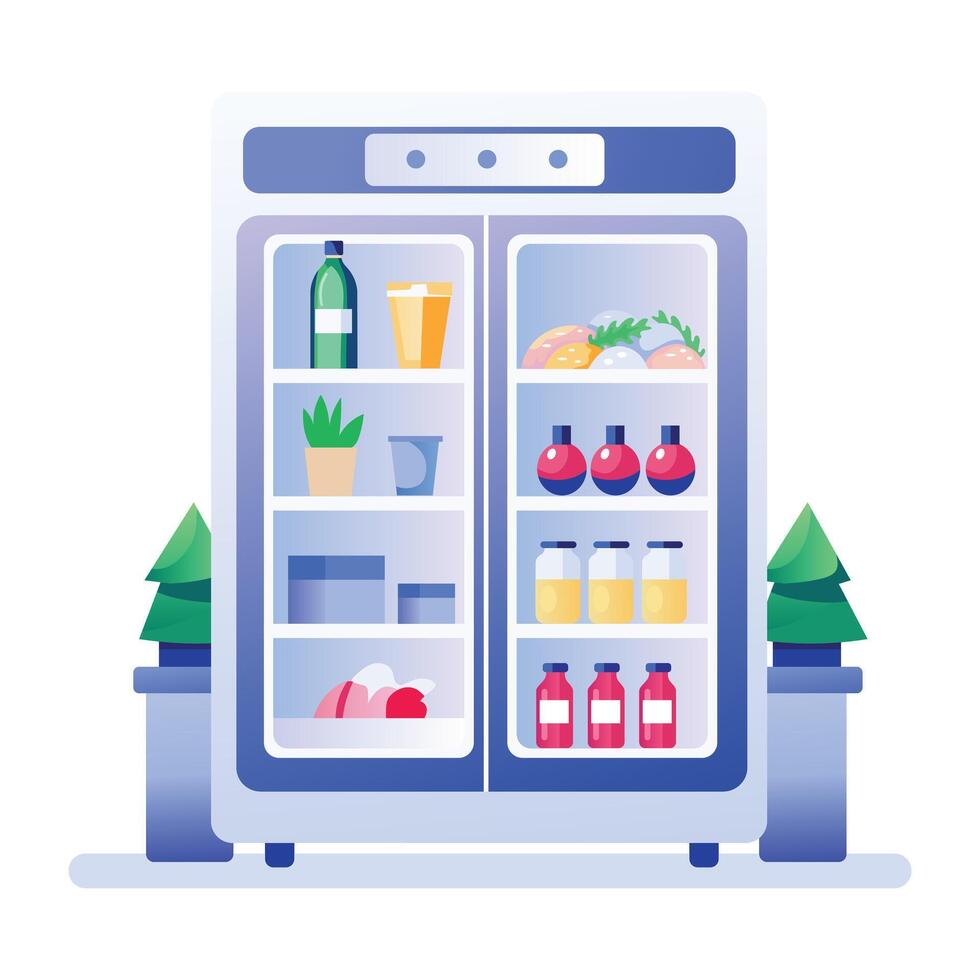 A flat illustration of a supermarket refrigerator filled with various food items vector