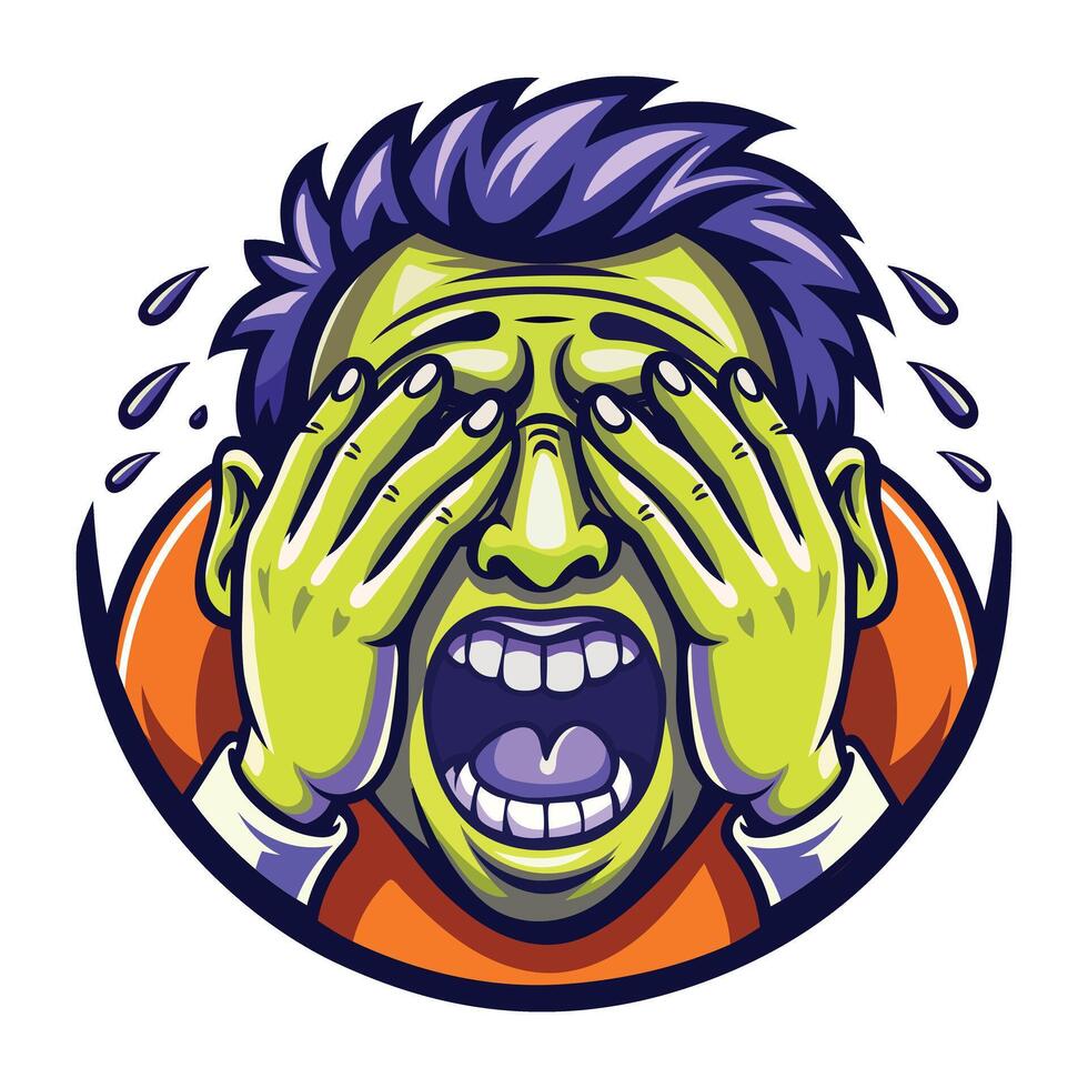 A flat style sticker of a terrifying character cover his eyes with hands vector