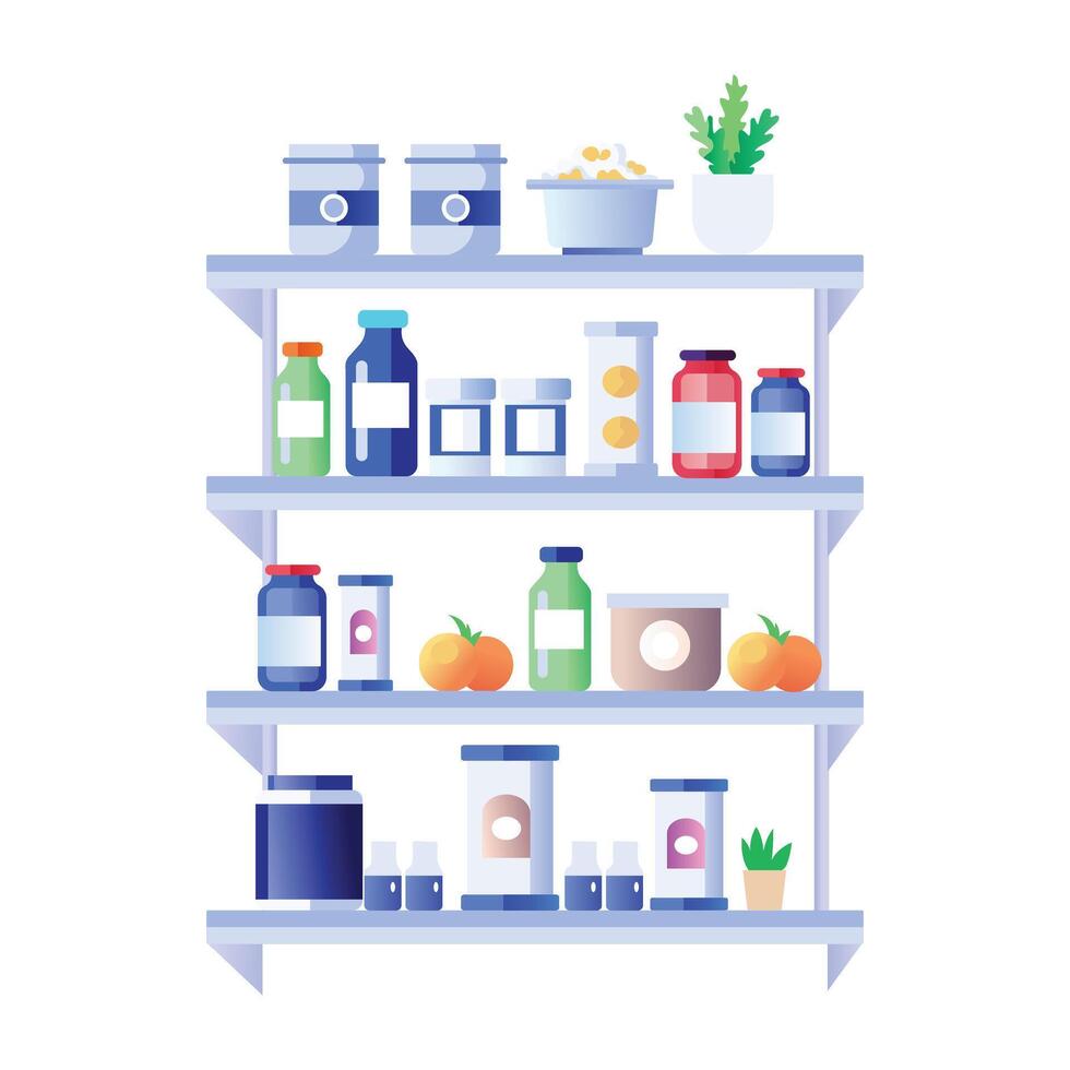 Pantry shelf filled with food items, a flat style illustration vector