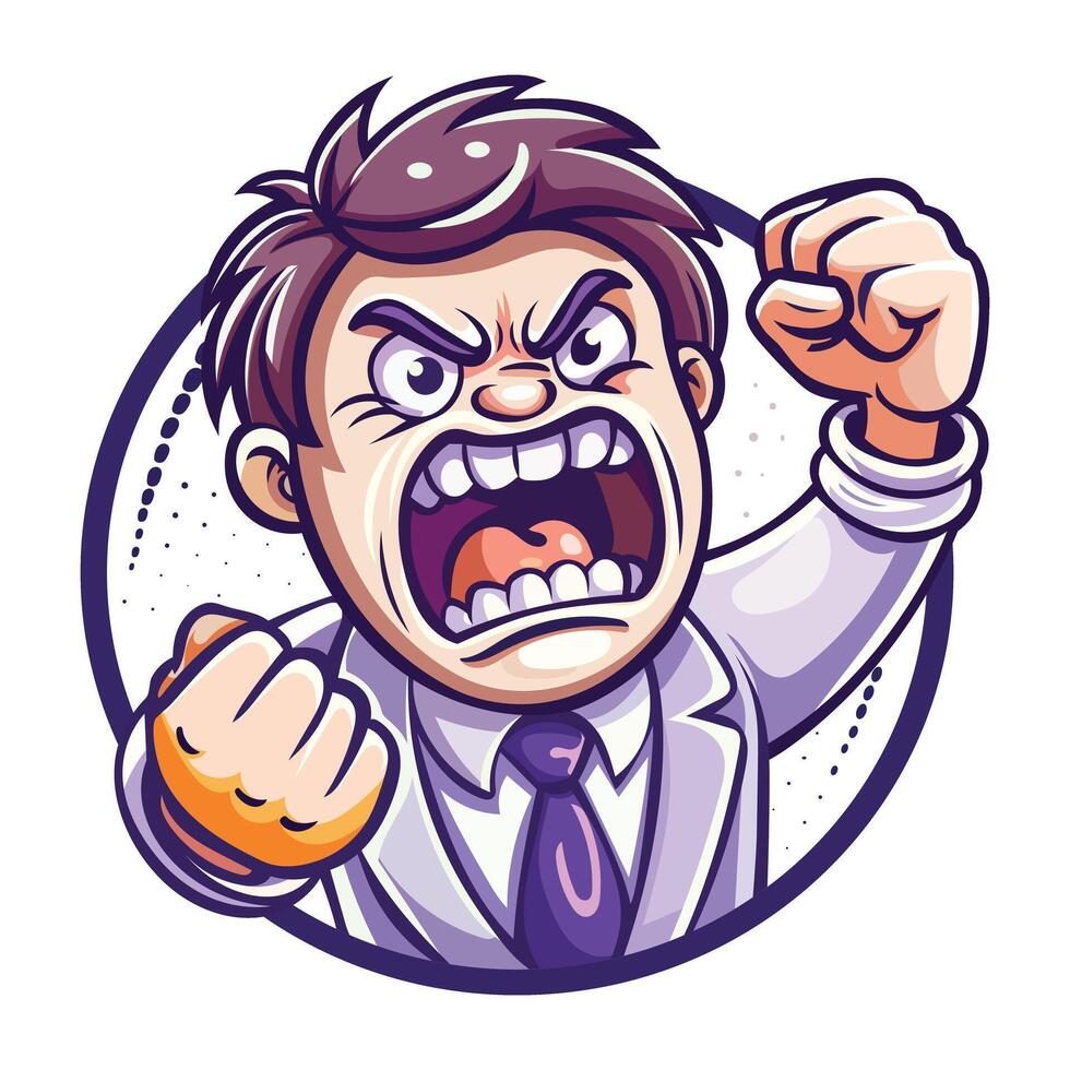 Angry man shouting with frustration, flat style sticker vector