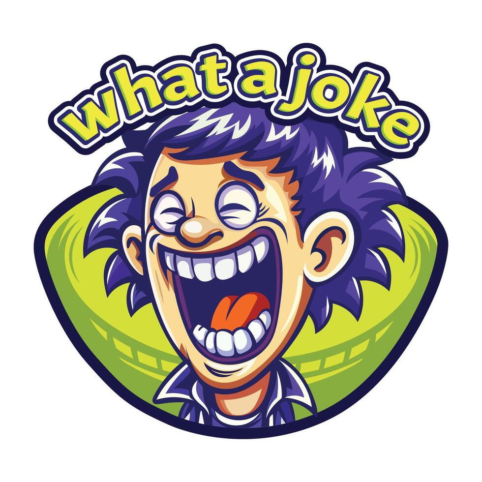 Funny sticker of laughing character with what a joke typography, flat style vector
