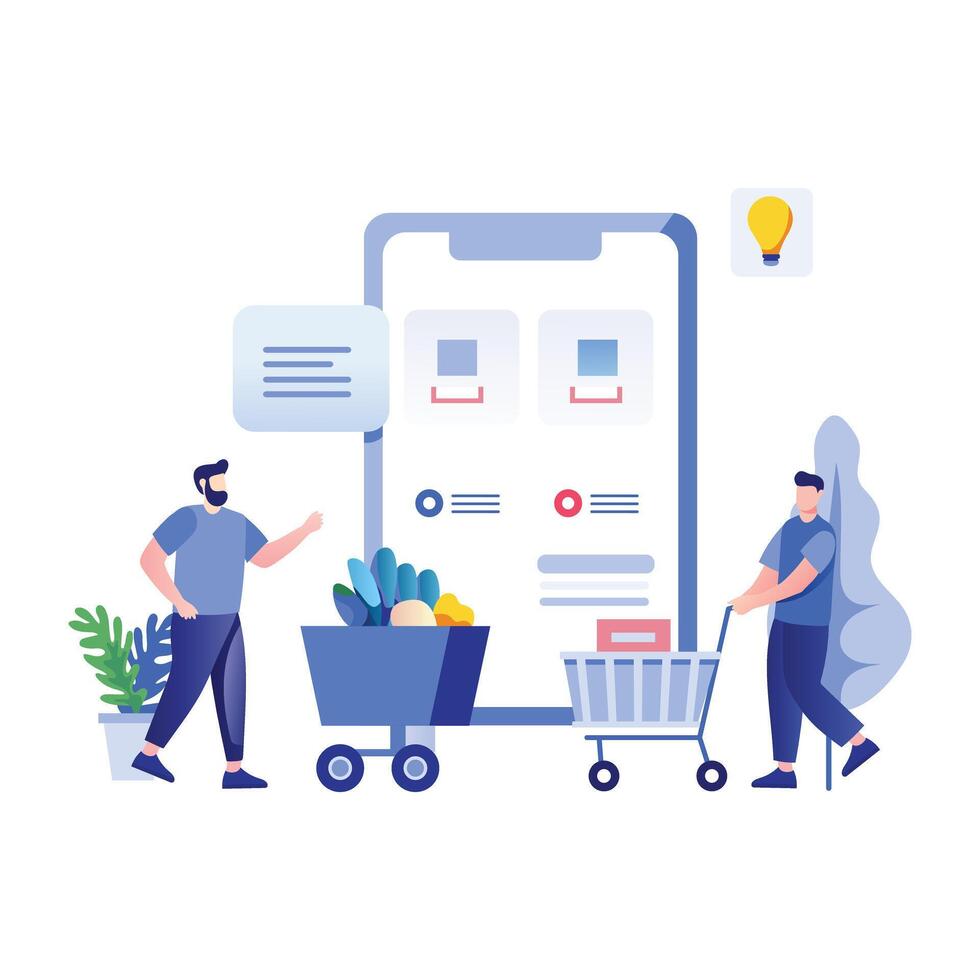 A flat illustration of two people doing online shopping on a smartphone vector