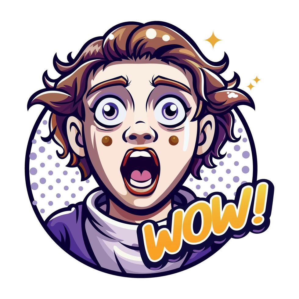 A flat sticker of a surprised character with wow typography vector