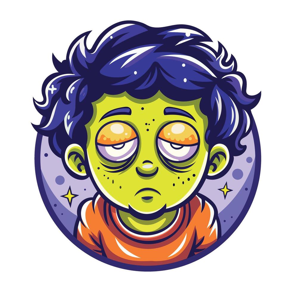 Restless character with half open eyes, flat style sticker vector
