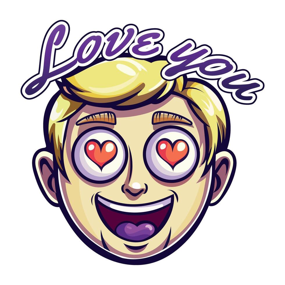 A flat sticker of a man with hearted eyes and love you typography vector