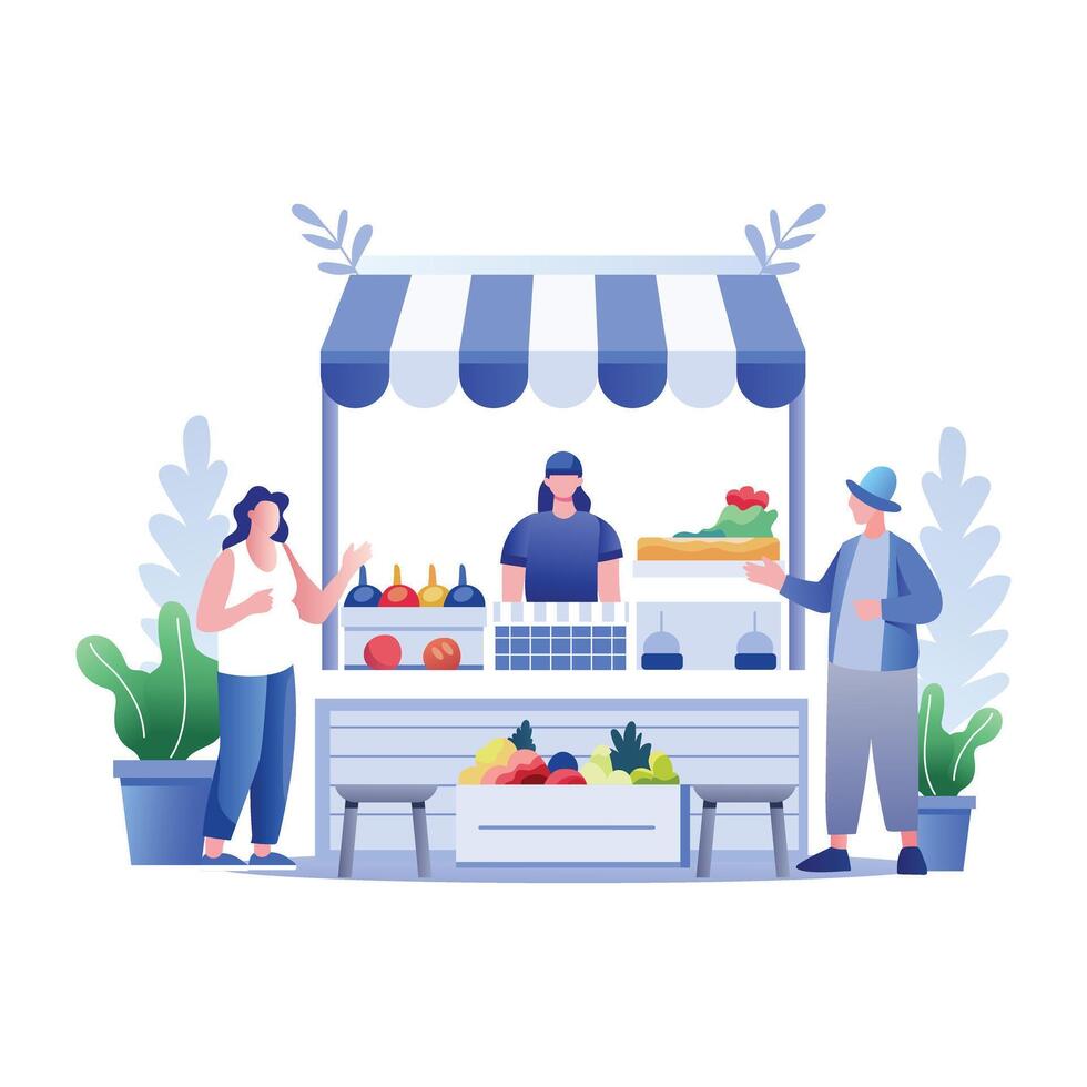 A flat illustration of a market stall with a vendor selling fruits and vegetables to customers vector