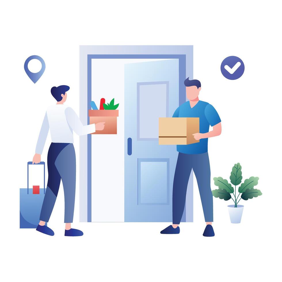 A flat illustration of delivery man deliver a package, vector