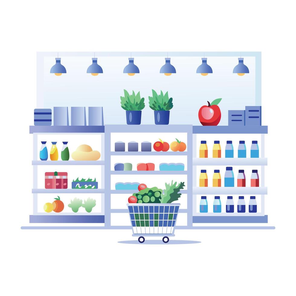 A flat illustration of grocery shopping in a supermarket vector