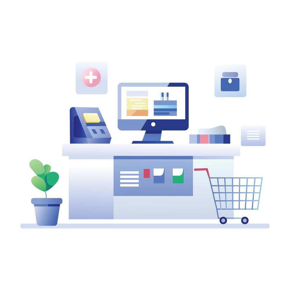 A flat illustration of shopping billing counter vector