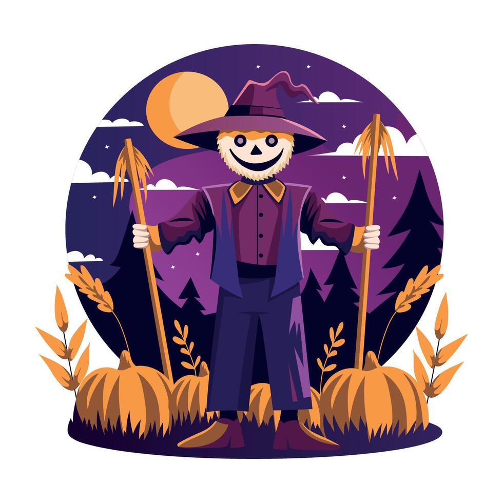 A flat illustration of scary scarecrow standing in pumpkins field vector