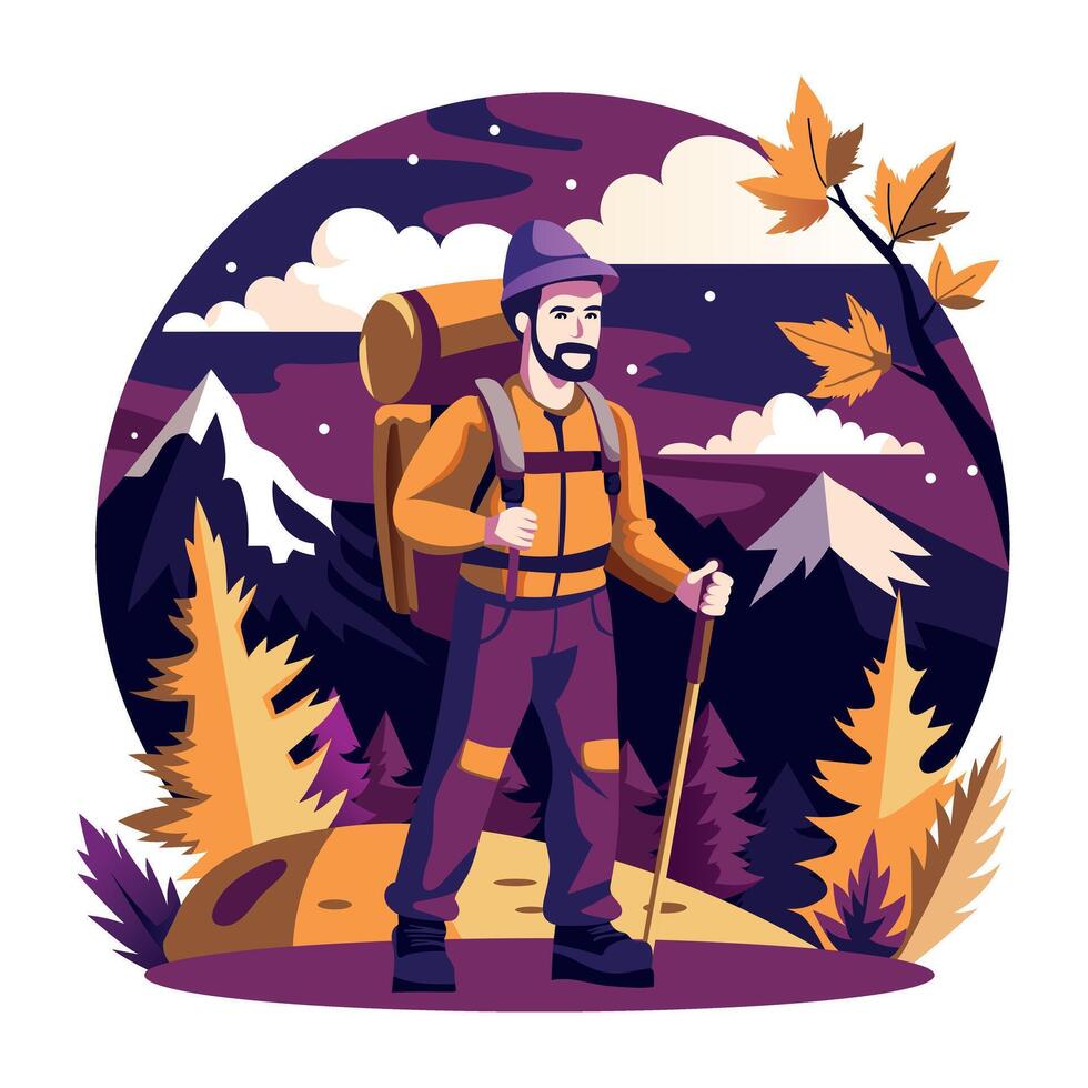 A flat illustration of hiker wearing backpack and holding a stick vector