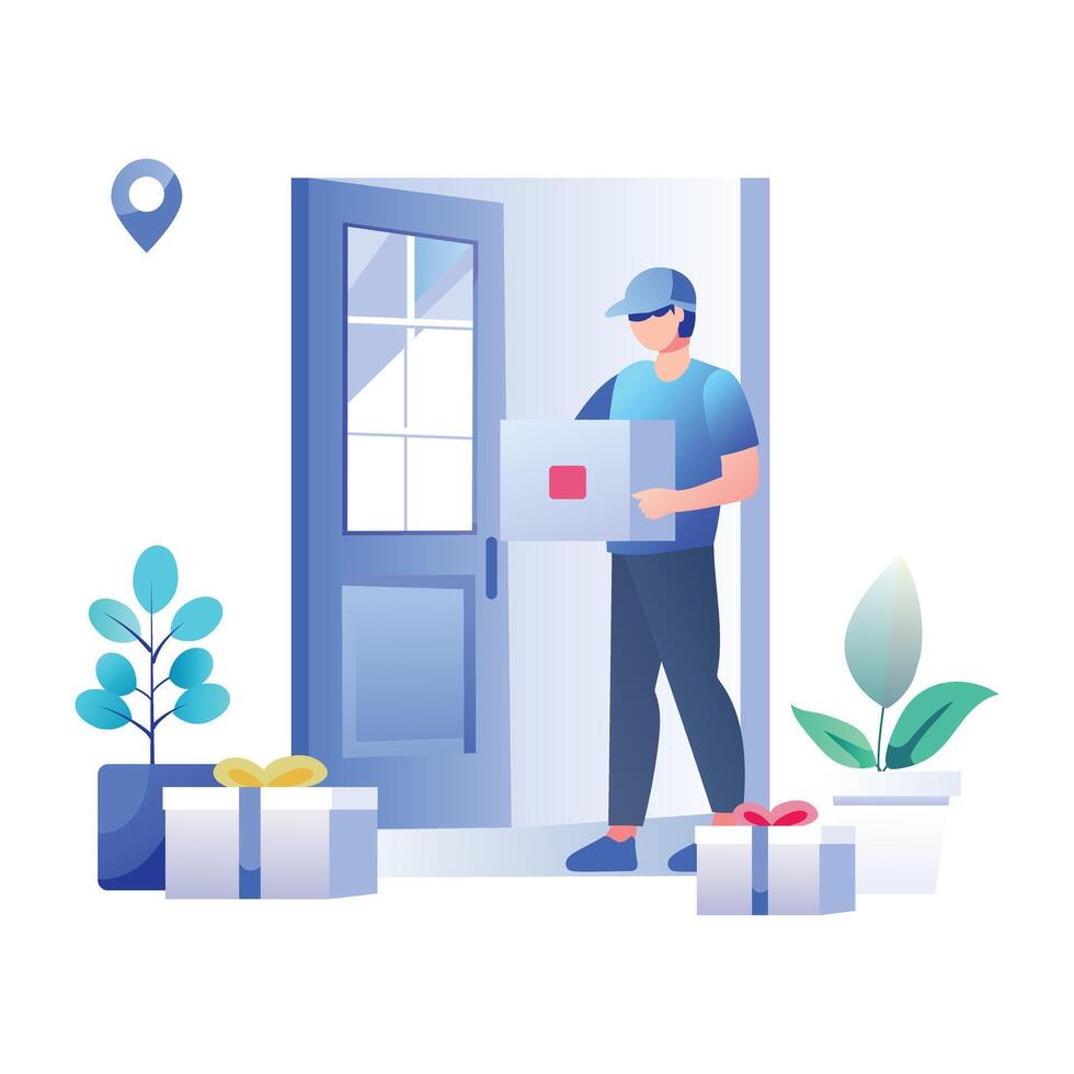 A flat illustration of a delivery man holding a package vector
