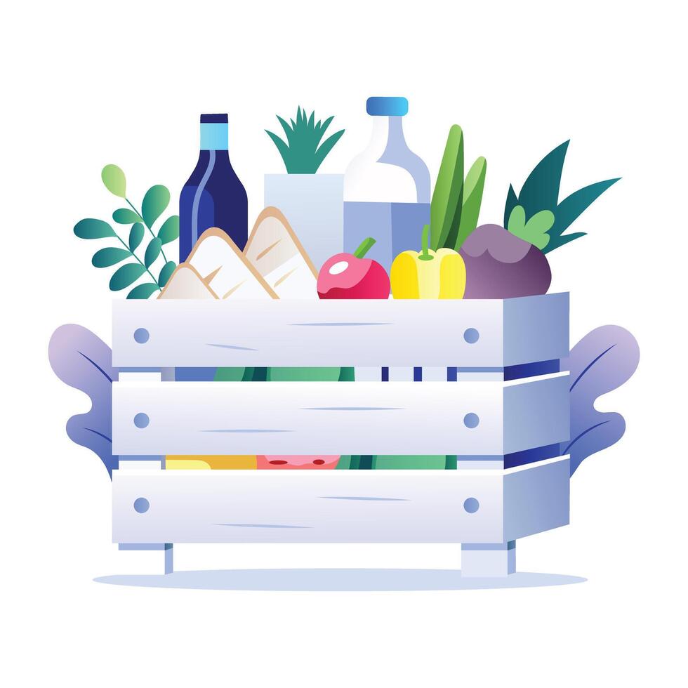 A flat illustration of a wooden crate filled with fresh groceries, including vegetables, fruits, bread, and beverages vector