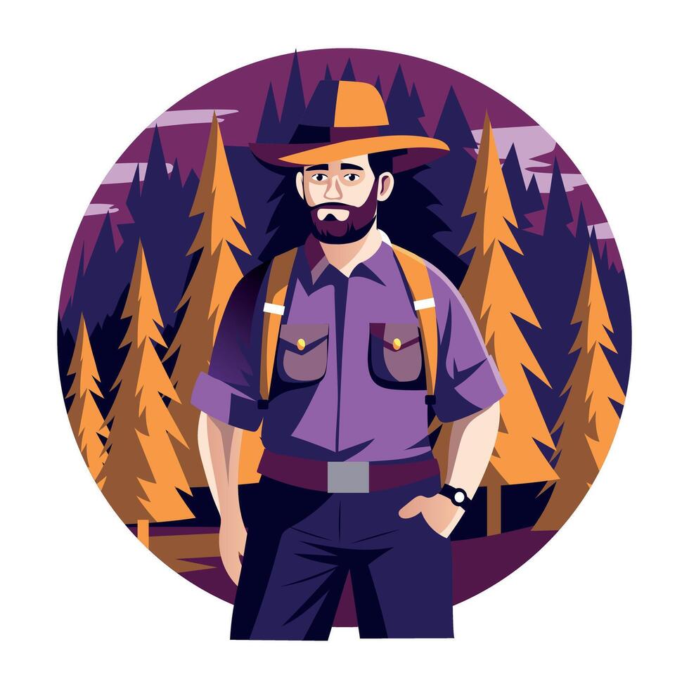 Reserve ranger standing in a forest, a flat style illustration vector