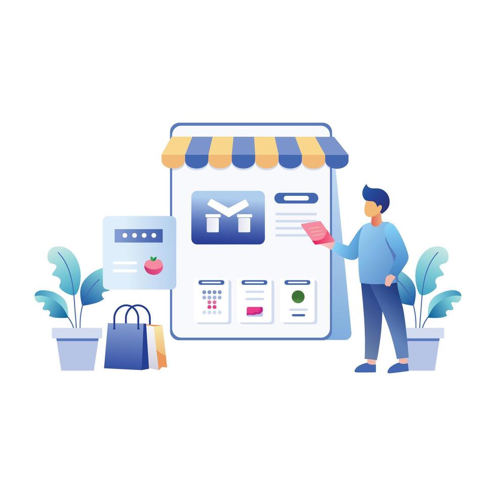 A vibrant flat illustration of a person doing shopping from an online store vector