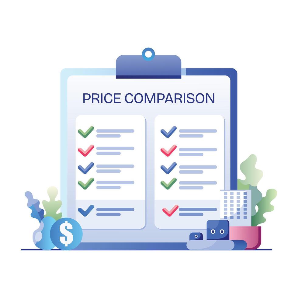 A flat illustration of a clipboard with a checklist for price comparison vector