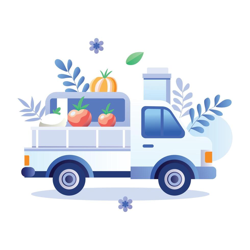 Flat illustration of a white food delivery truck loaded with fresh produce vector