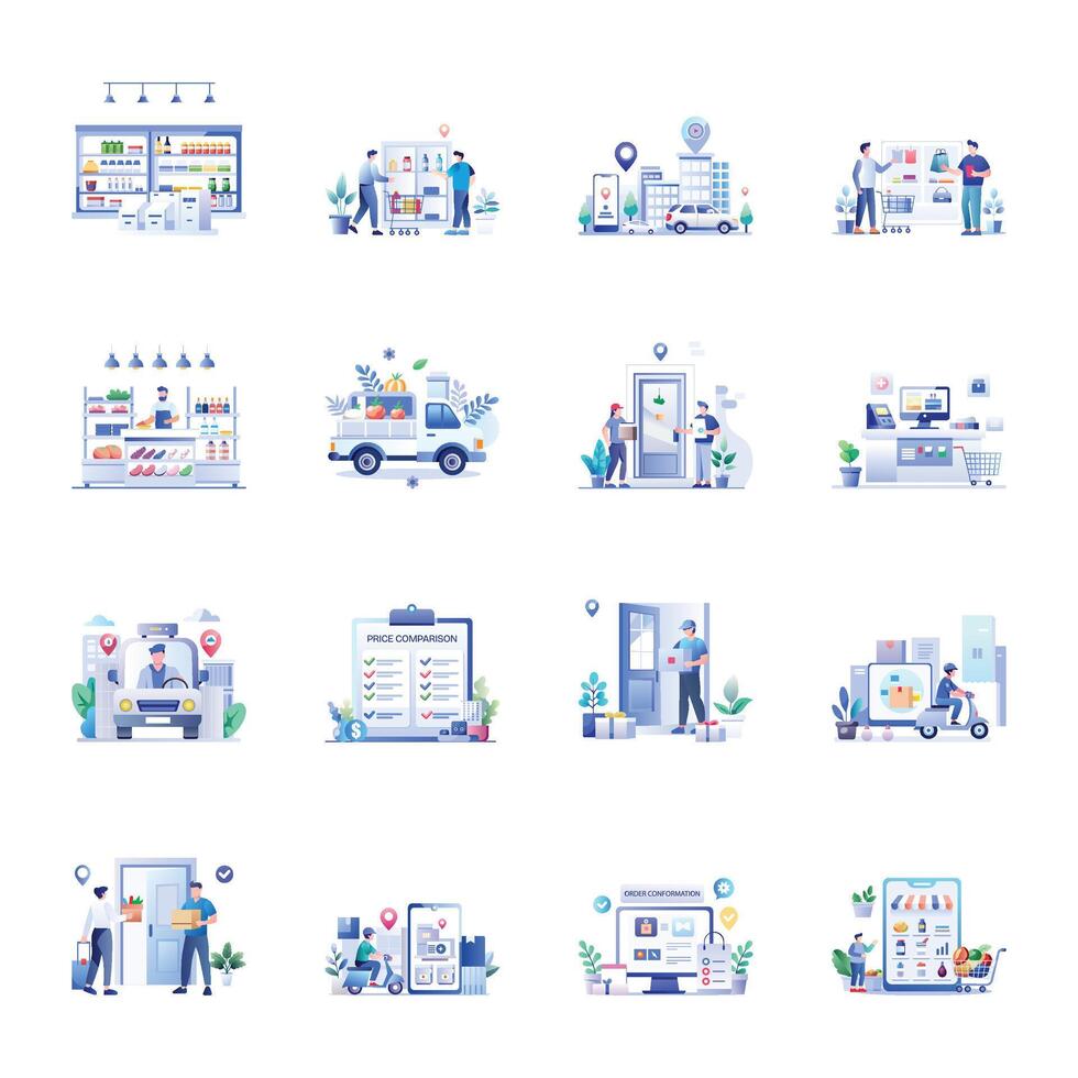 Bundle of Flat Style Shopping Illustrations vector