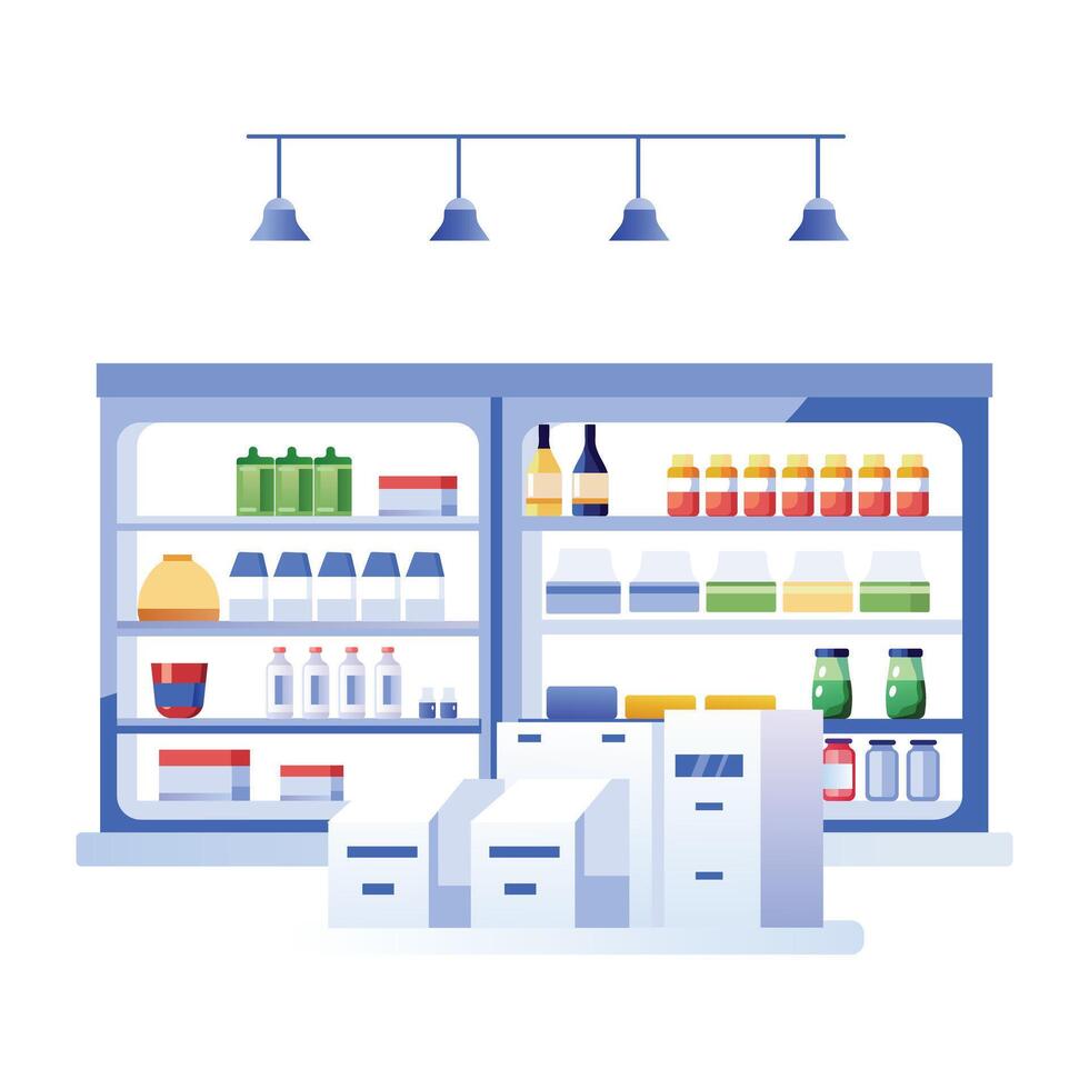 A flat illustration of a grocery shop interior with shelves stocked with various food items vector