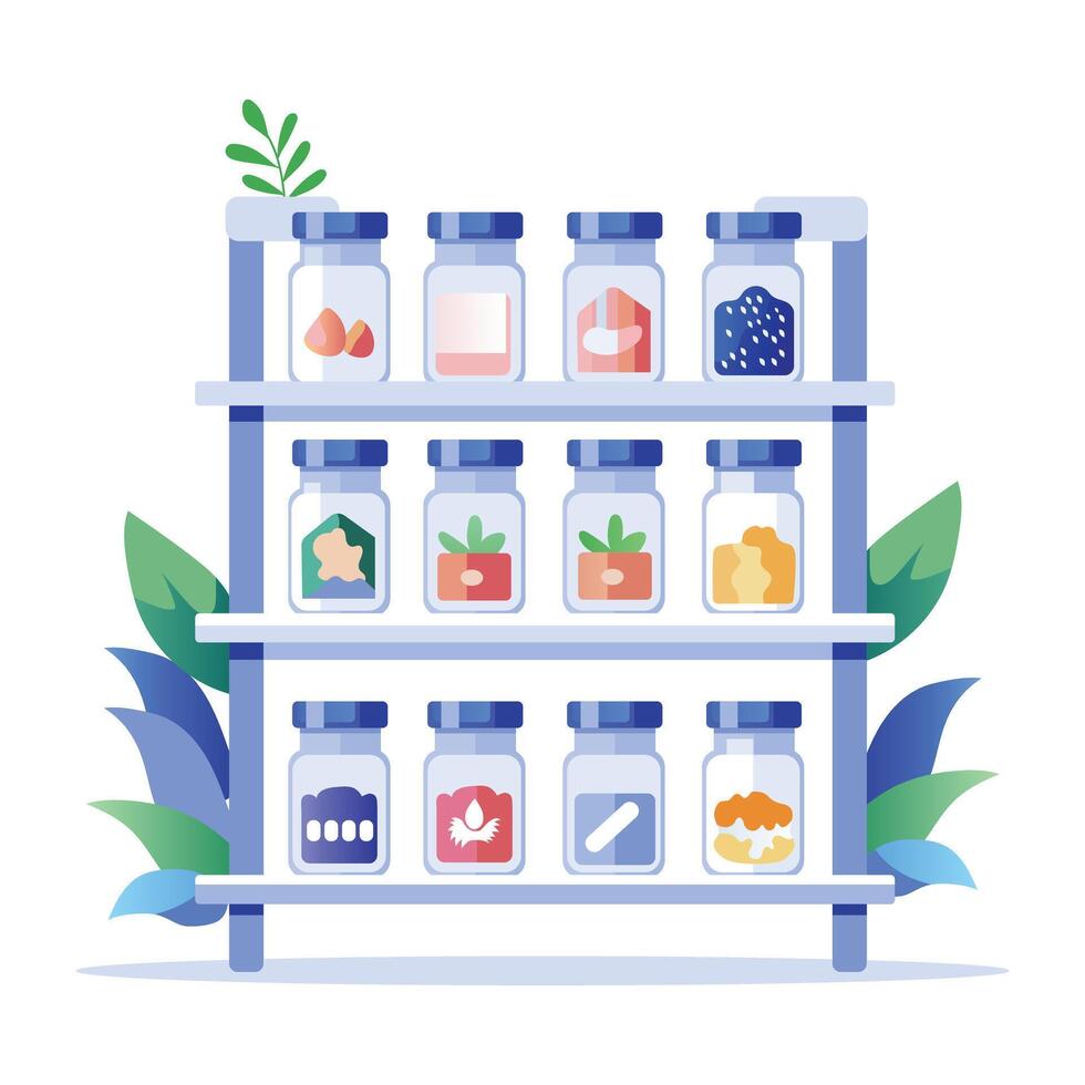 A flat illustration of spice rank filled with different spice jars vector