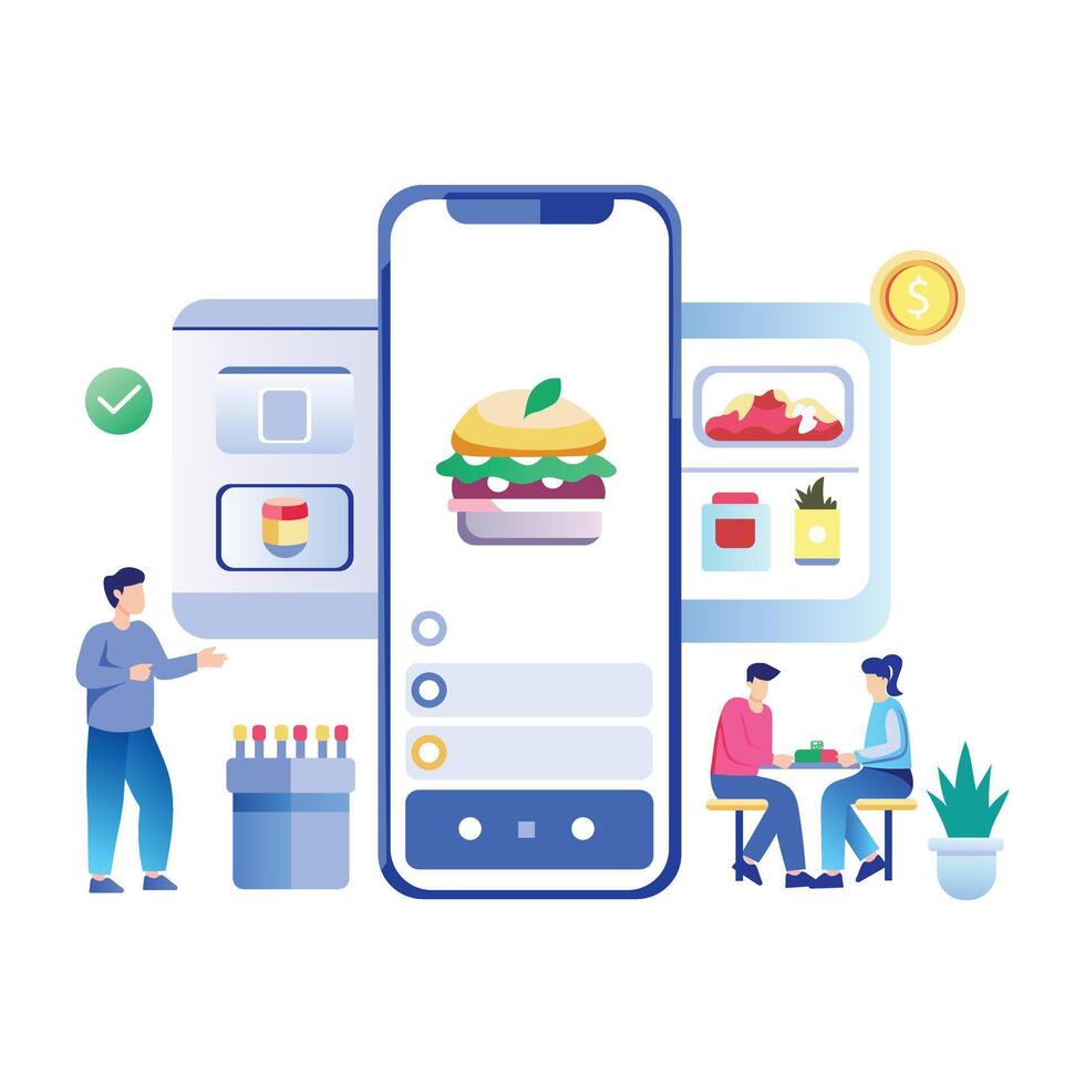 A flat illustration of people using a mobile app for food order vector
