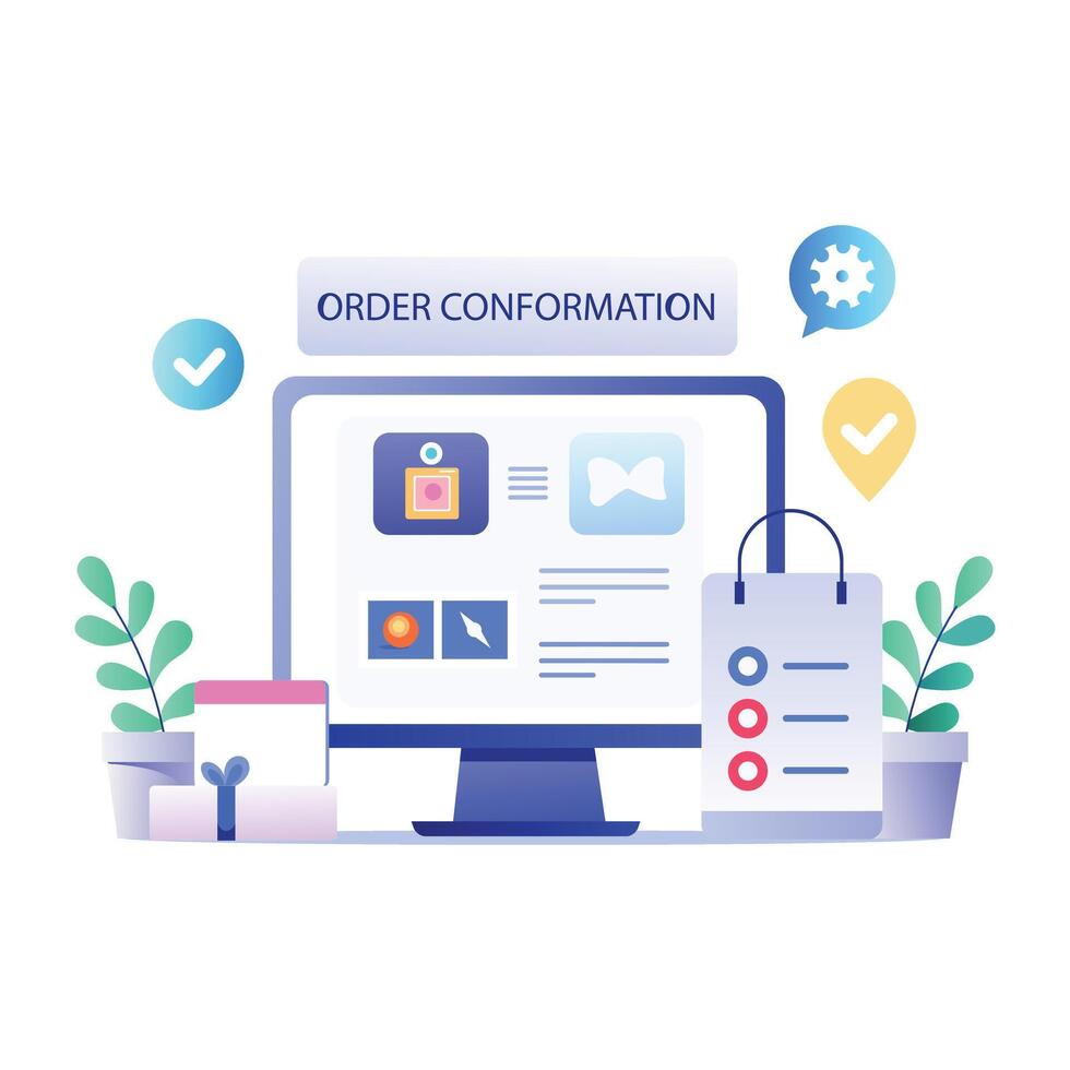 A flat illustration of a computer screen showing an order confirmation page vector