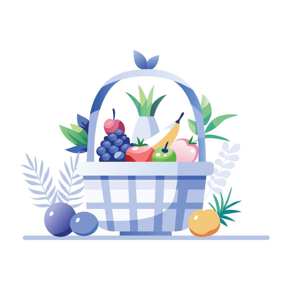 A flat illustration of a wicker basket filled with fresh fruits vector