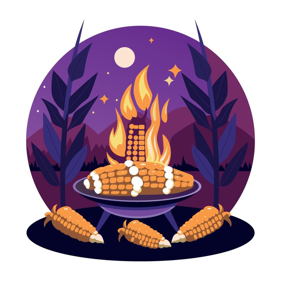A flat illustration of roasted corn on fire vector